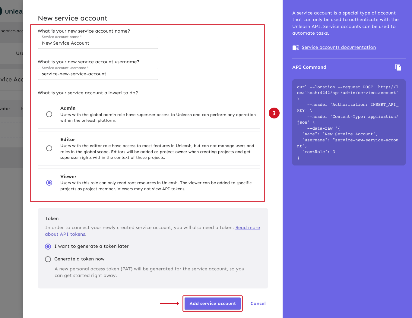 The service account form filled with some example data, and the &quot;add service account&quot; button highlighted at the bottom.